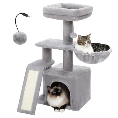 Cat Tree Luxury Cat Towers with Double Condos Spacious Perch Cat Hammock Fully Wrapped Scratching Sisal Post and Dangling Balls