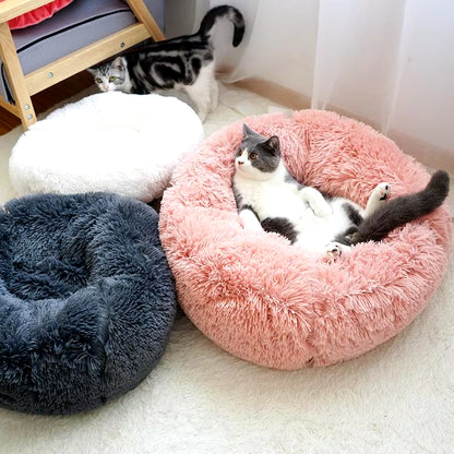 Round Pet Dog Cat Bed Pet Calming Bed Nest Anti-Slip Bottom Design Warm Comfortable Pet Bed Fur Donut Sofa Warm Resting Place