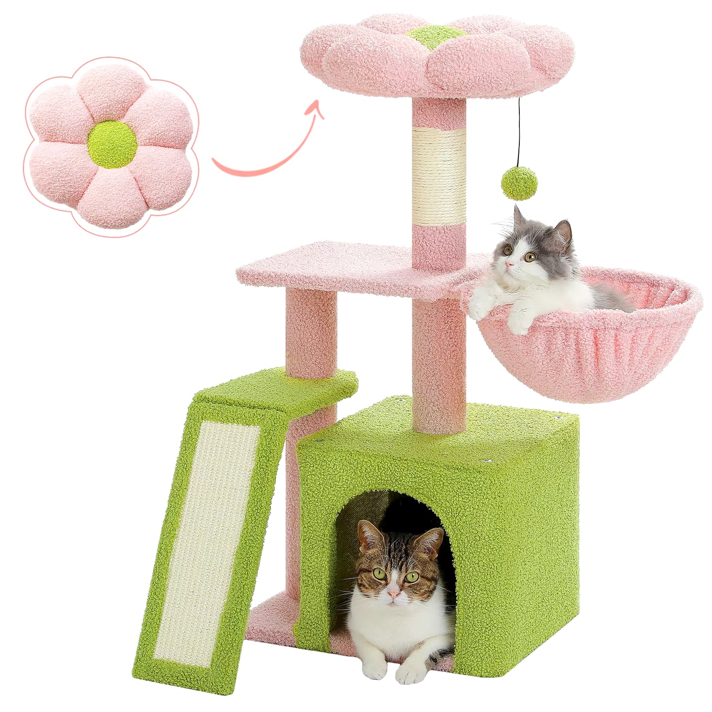 Cat Tree Luxury Cat Towers with Double Condos Spacious Perch Cat Hammock Fully Wrapped Scratching Sisal Post and Dangling Balls