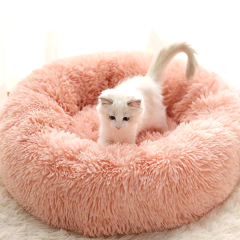 Round Pet Dog Cat Bed Pet Calming Bed Nest Anti-Slip Bottom Design Warm Comfortable Pet Bed Fur Donut Sofa Warm Resting Place