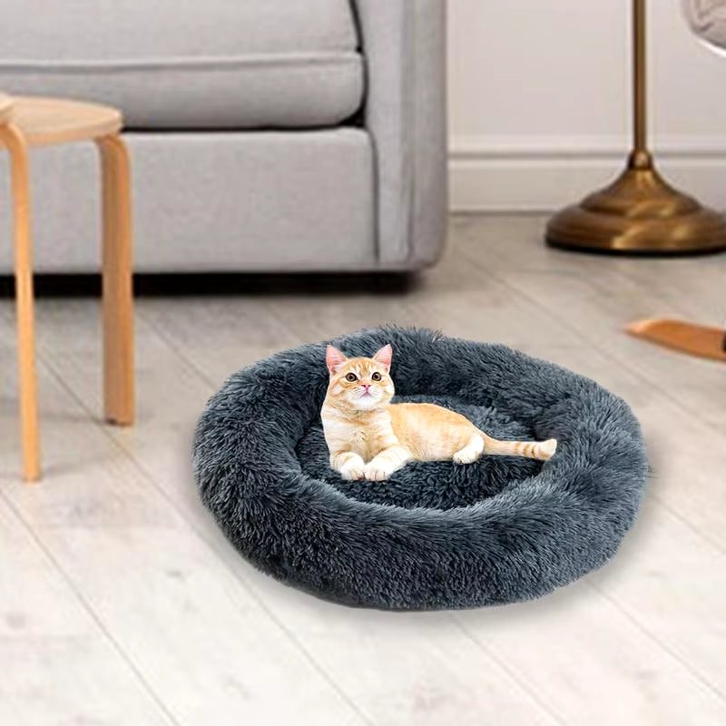 Round Pet Dog Cat Bed Pet Calming Bed Nest Anti-Slip Bottom Design Warm Comfortable Pet Bed Fur Donut Sofa Warm Resting Place